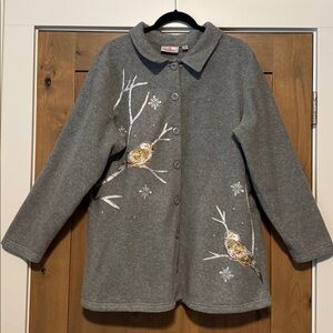 Quacker Factory Embroidered birds fleece jacket Women’s 1X Grey button down warm